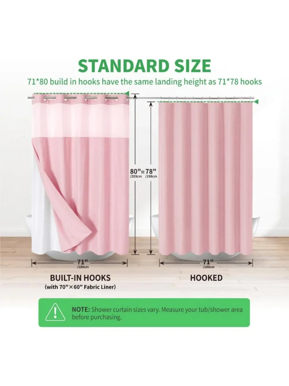 Linen Texture Shower Curtain with Snap-in Liner, 71x80, Pink - No Hook Design